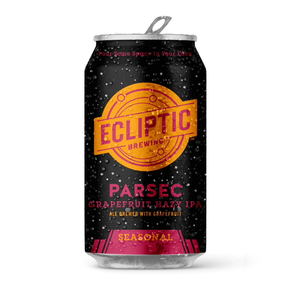 Ecliptic Brewing Parsec Grapefruit Hazy IPA can with orange logo and pink text on a starry black background.