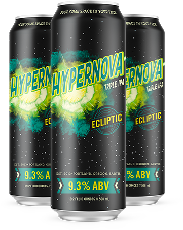 Black Hypernova Triple IPA cans with neon green explosion graphic, bold teal/yellow logo, Ecliptic Brewing, 9.3% ABV, 19.2 oz tall cans displayed in a group