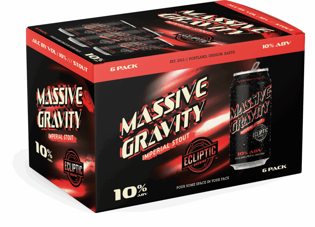 Massive Gravity Imperial Stout 6-pack box by Ecliptic Brewing with red cosmic streak design, bold logo, 10% ABV, and can image on side