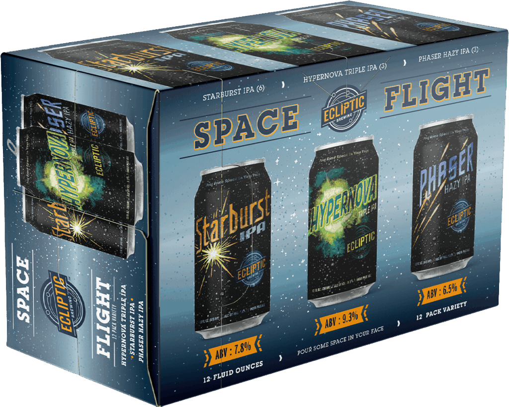Ecliptic Brewing “Space Flight” 12-pack variety box featuring Starburst IPA, Hypernova Triple IPA, and Phaser Hazy IPA cans with space-themed graphics and ABV details