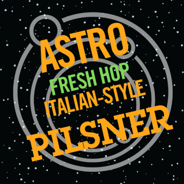 Ecliptic Brewing Fresh Hop Italian-style Pilsner illustration with orange and green copy over a starry black background.