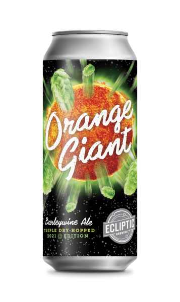 Ecliptic Brewing Orange Giant Barleywine Ale: Triple Dry-Hopped Edition can with a large orange sun illustration with hops floating around it over a starry black background.