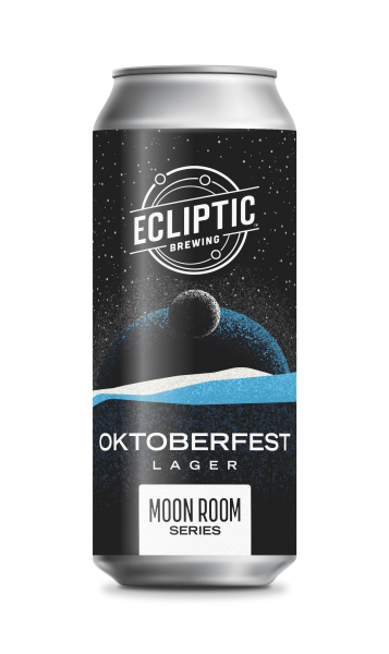 Ecliptic Brewing Moon Room Oktoberfest beer can with a black Sci-fi label displaying two moons.