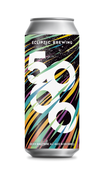 Ecliptic Brewing 5000 Gin Barrel-aged Golden Barleywine beer can with large white numbers and bright colored streaks across a black background.