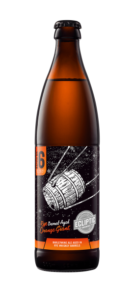 Ecliptic Brewing Rye Barrel-Aged Orange Giant bottle with a white wine barrel satellite illustration over a black starry background.