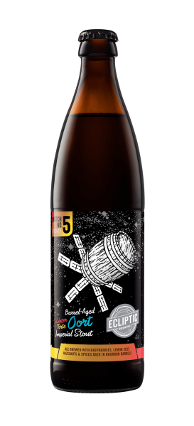 Ecliptic Brewing Barrel-Aged Linzer Torte Oort bottle with a black label and a white wine barrel satellite illustration.