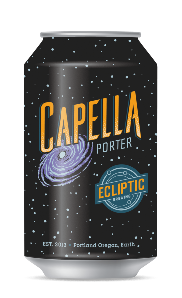 Ecliptic Brewing Capella Porter can with orange and blue copy with and purple galaxy illustration over a starry black background.