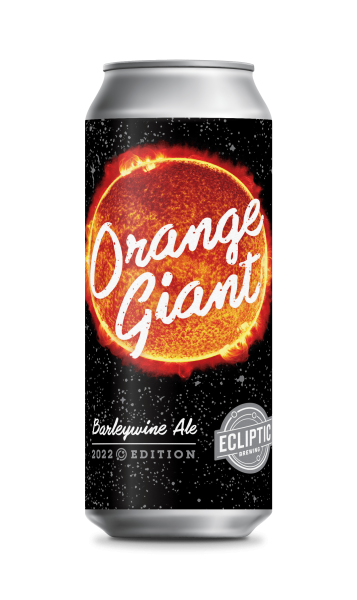 Ecliptic Brewing Orange Giant Barleywine Ale can with a large orange sun illustration over a starry black background.