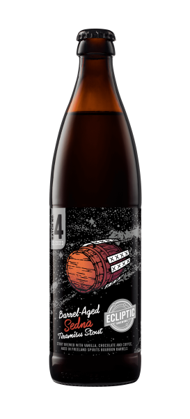 Ecliptic Brewing Barrel-Aged Sedna bottle with a black label featuring a brown wine barrel traveling through space.