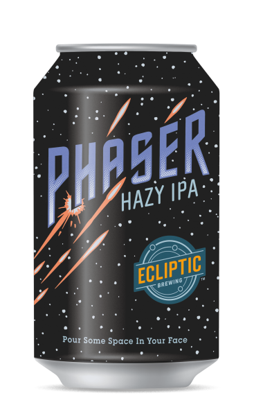 Ecliptic Brewing Phaser Hazy IPA with purple type and red laser beams over a starry black background.