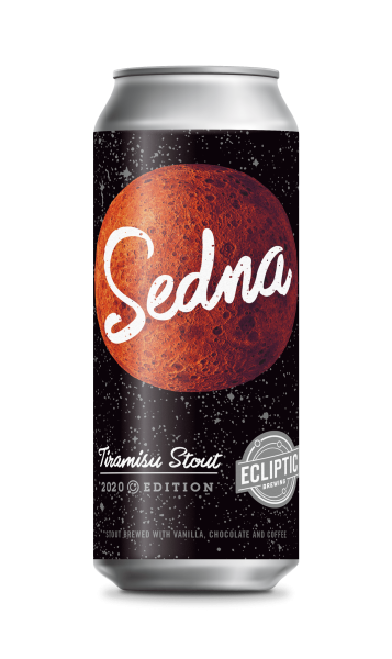 Ecliptic Brewing Sedna Tiramisu Stout can with a large orange moon illustration over a starry black background.