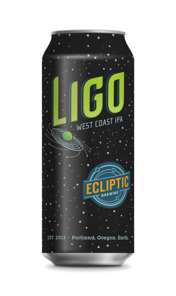 Ecliptic Brewing Ligo West Coast IPA can with lime green copy and a planet with moons orbiting around it in a spiral on a black background with stars.