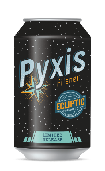 Ecliptic Brewing Pyxis Pilsner can with pale blue and orange copy over a black background with stars.