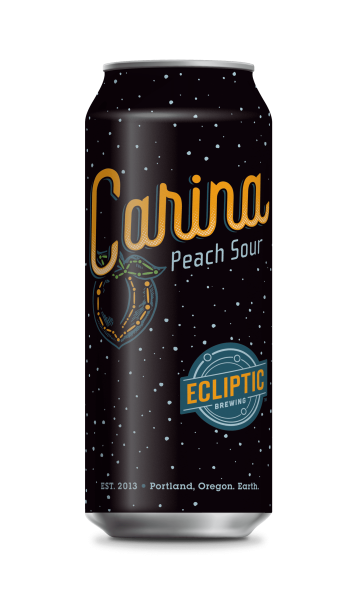 Ecliptic Brewing Carina Peach Sour Ale can with orange and blue copy on a starry black background.