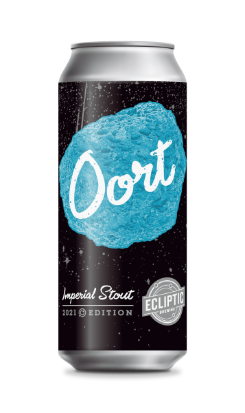 Ecliptic Brewing Oort Imperial Stout can with a large blue asteroid on a black background with stars.