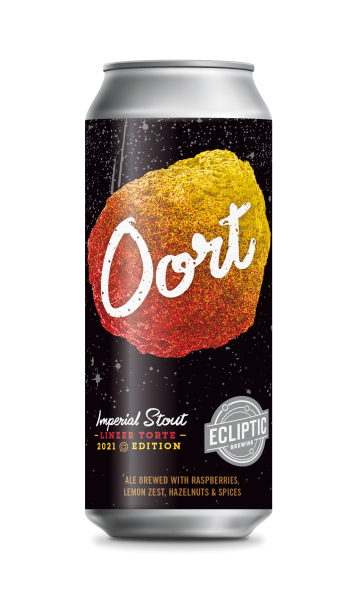 Ecliptic Brewing Oort Imperial Stout can with a large orange asteroid on a black background with stars.