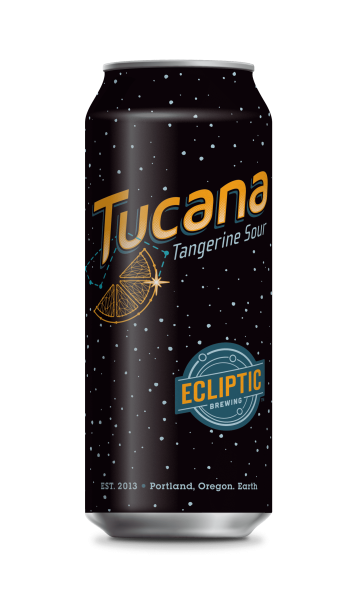 Ecliptic Brewing Tucana Tangerine Sour Ale can with orange and blue copy and an orange slice constellation illustration over a starry black background.