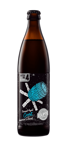 Ecliptic Brewing Barrel-Aged Oort bottle with a black label and a white wine barrel satellite illustration.